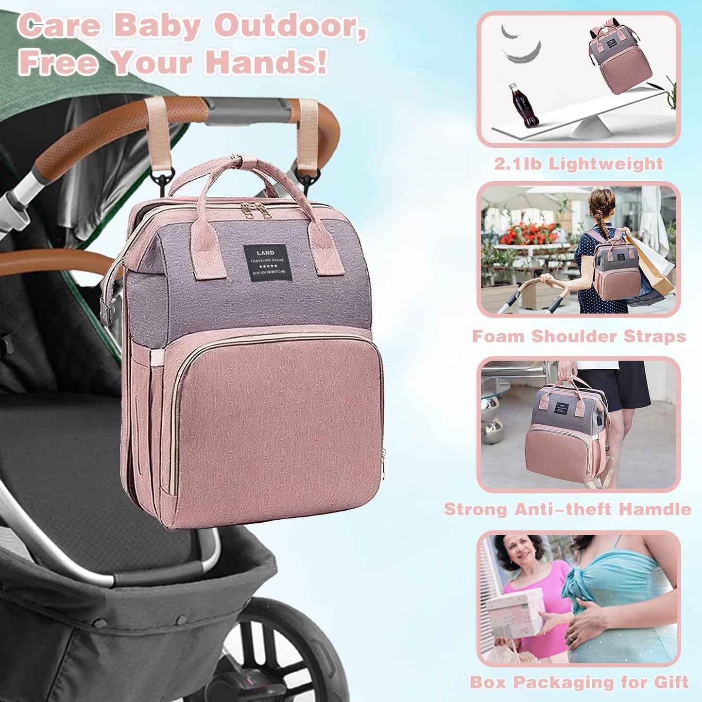 7 in 1 Travel Baby Diaper Bag with USB Charging Port (Pink-Grey)