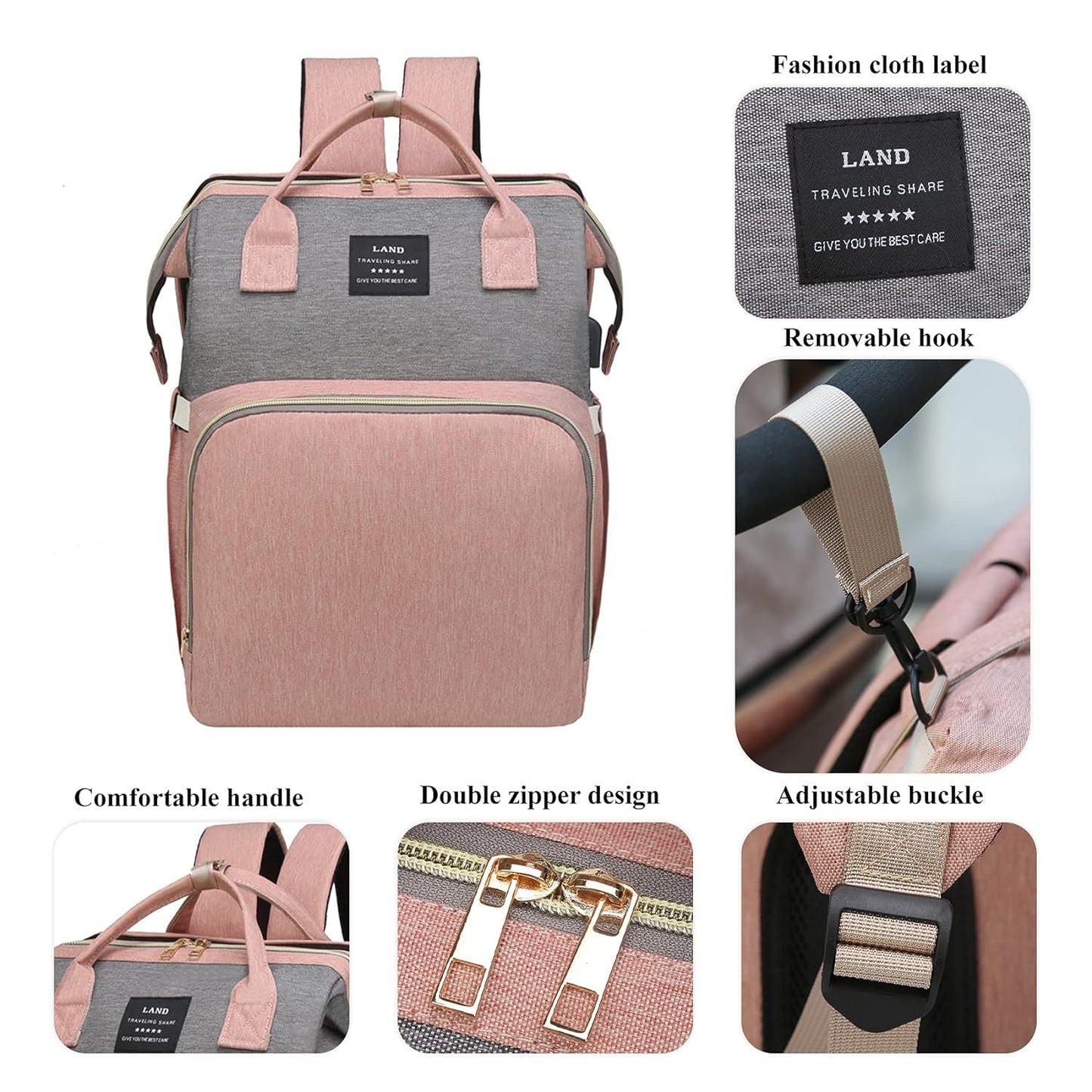 7 in 1 Travel Baby Diaper Bag with USB Charging Port (Pink-Grey)