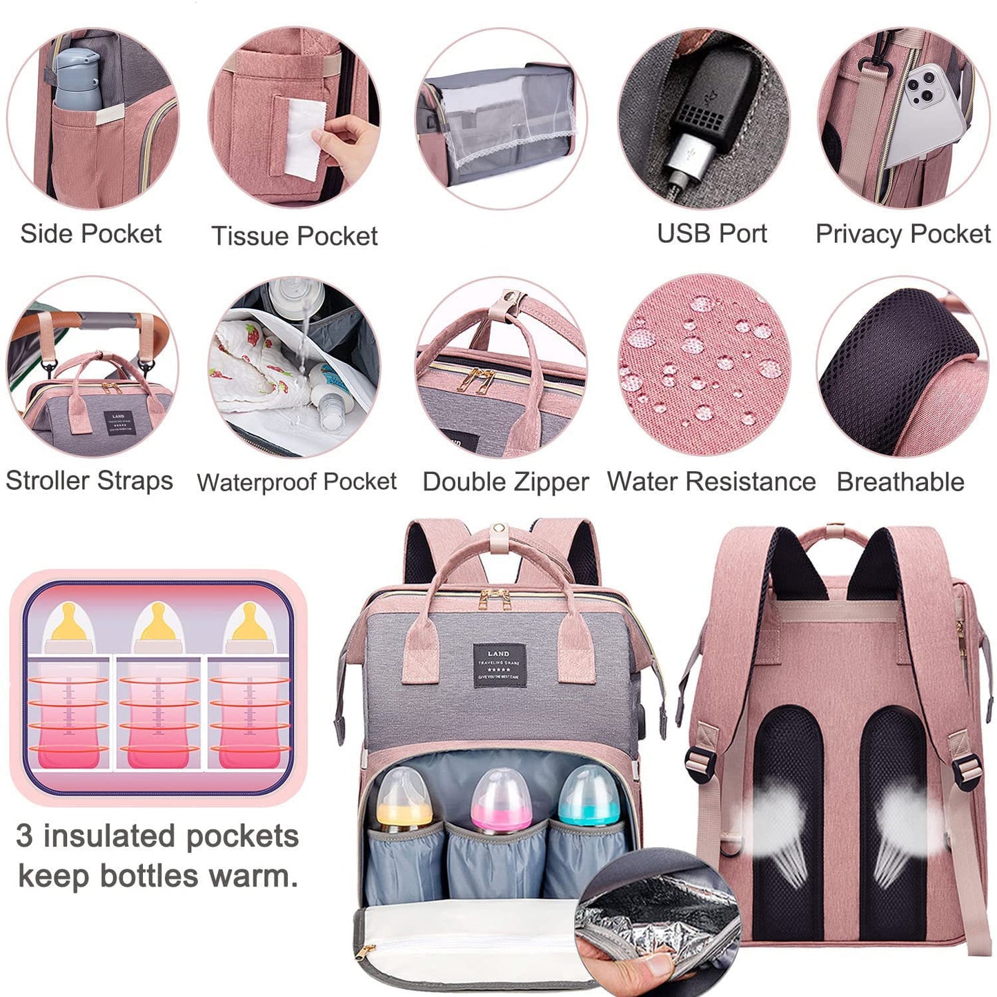 7 in 1 Travel Baby Diaper Bag with USB Charging Port (Pink-Grey)