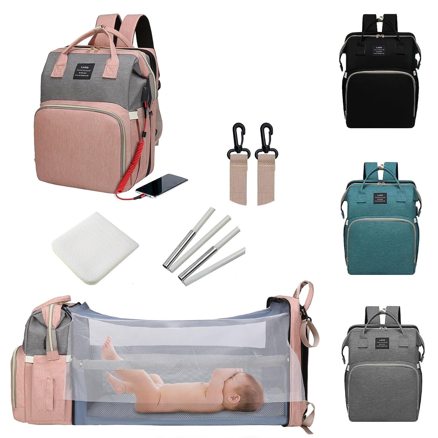 7 in 1 Travel Baby Diaper Bag with USB Charging Port (Pink-Grey)